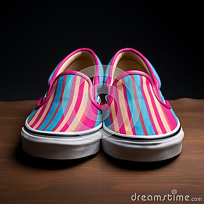 Linen Striped Vans Slippers Multicolored Style On Wooden Table Stock Photo