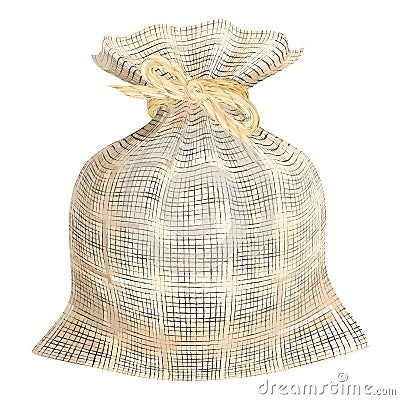 Linen woven fabric sack. Flax texture bag with linen string ribbon binding vector illustration. Cartoon Illustration