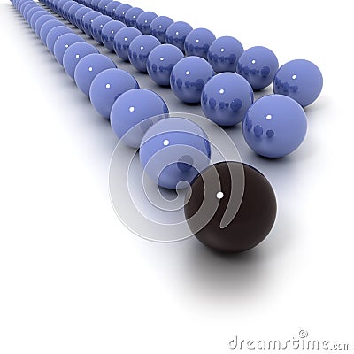 Lines of blue billiard balls and a black one Stock Photo