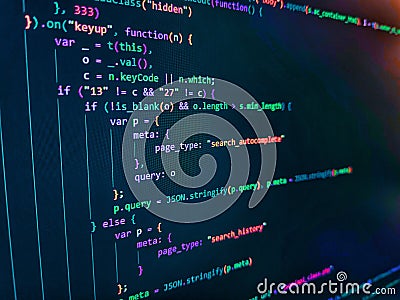 Lines of code of a software with several colors. Python programming developer code. Photo of computer digital background. Future Stock Photo