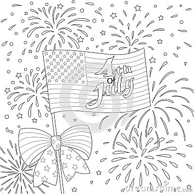 Lines design of American flag with firework, happy 4th of July for design element and coloring book page. Vector Vector Illustration