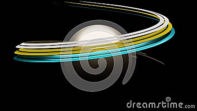 Lines move around ball. Design. Ribbon lines twist around 3d ball on black background. 3D ball with rotating ribbons on Stock Photo