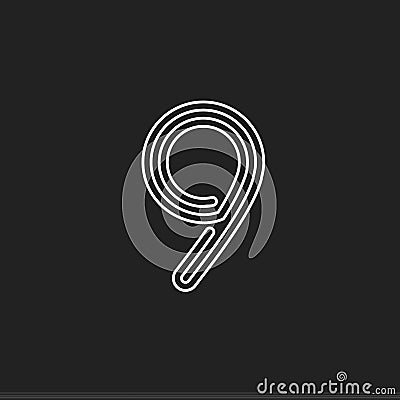 Lines number 9, thread maze style vector latin number for logo and monogram. Typography design. Vector Illustration