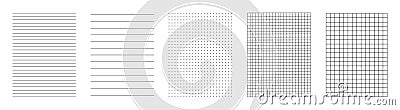 Lines paper page isolated, dots and cells notebook pattern, technical blank, grid banner set, square graph project texture, mockup Vector Illustration