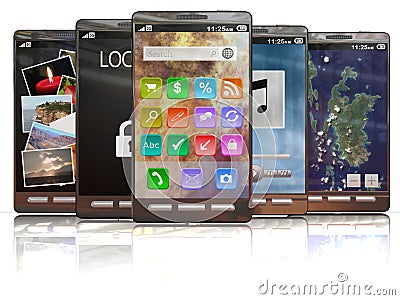 Lineup of 3D rendered smartphones Stock Photo