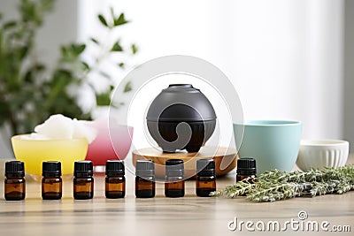 a lineup of essential oils, next to a diffuser on an aesthetic table Stock Photo