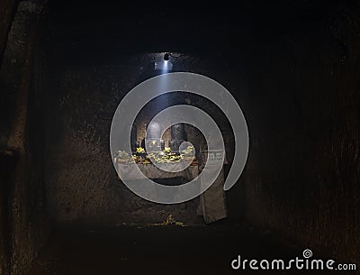 Lingam sculptures inside ancient Goa Gajah Temple Cave Editorial Stock Photo