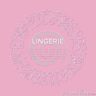 Lingerie circle poster with flat line icons of bra types, panties. Woman underwear background, vector illustration of Vector Illustration