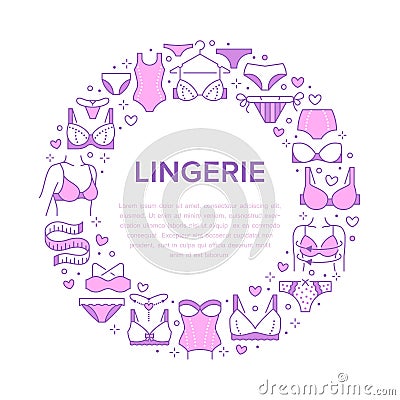 Lingerie circle poster with flat line icons of bra types, panties. Woman underwear background, vector illustration of Vector Illustration