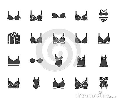 Lingerie flat glyph icons set. Bras types, woman underwear, maternity bra, chemise, pyjamas, swimwear, corset vector Vector Illustration