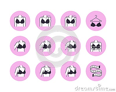Lingerie flat line icons set. Bra fitting, breast measurement with measuring tape, female body in underwear vector Vector Illustration