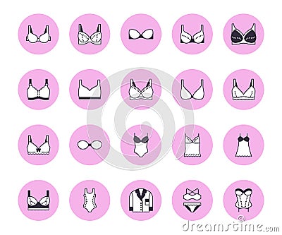 Lingerie flat line icons set. Bras types, woman underwear, maternity bra, chemise, pyjamas, swimwear, corset vector Vector Illustration