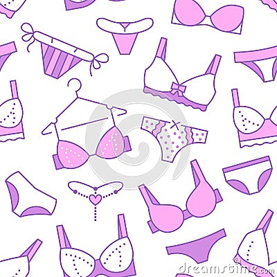 Lingerie seamless pattern with flat line icons of bra types, panties. Woman underwear background, vector illustrations Vector Illustration
