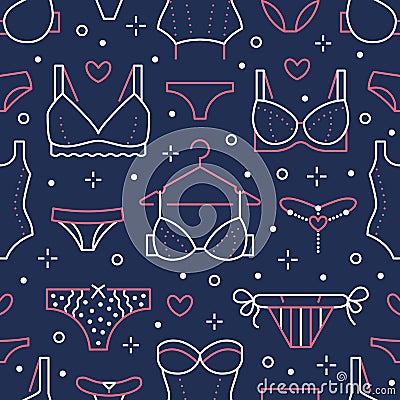 Lingerie seamless pattern with flat line icons of bra types, panties. Woman underwear background, vector illustrations Vector Illustration