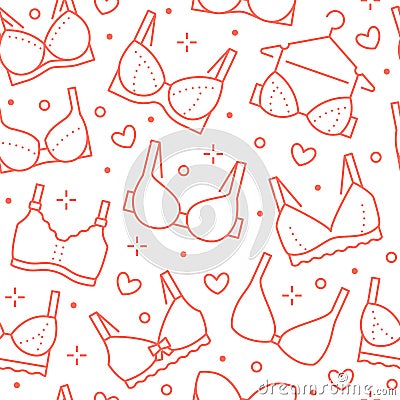 Lingerie seamless pattern with flat line icons of bra types. Woman underwear background, vector illustrations of Vector Illustration