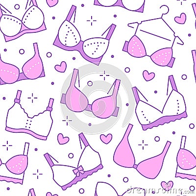 Lingerie seamless pattern with flat line icons of bra types. Woman underwear background, vector illustrations of Vector Illustration