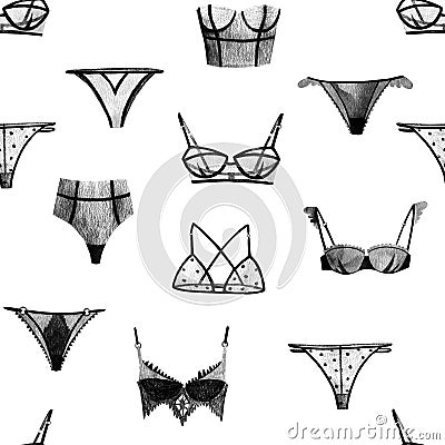 Lingerie seamless pattern. Set of panties and bras. Black and white watercolor illustration. Print for textiles, wallpaper, Cartoon Illustration