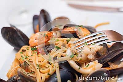 Linguine allo scoglio classic dish of italian pasta with seafood Stock Photo