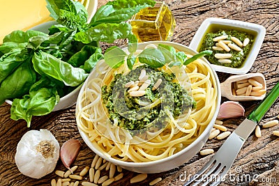 Linguine pasta by pesto Stock Photo