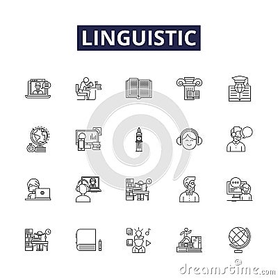Linguistic line vector icons and signs. Grammar, Semantics, Syntax, Morphology, Phonetics, Phonology, Dialects Vector Illustration