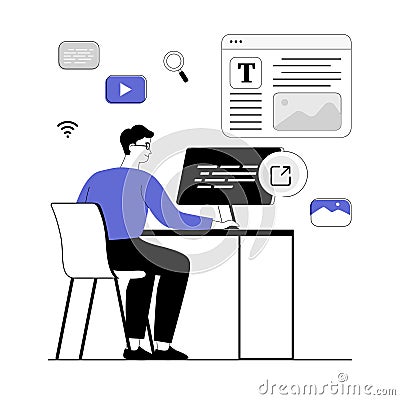 Link building concept. Man with external links create connections between websites. Search engine optimization, SEO, hyperlink. Vector Illustration