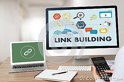 LINK BUILDING Connect Link Communication Contact Network Stock Photo