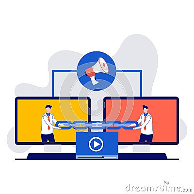 Link building, SEO, backlink strategy, inbound links, concept with characters. Two monitor are connected by a chain. Modern vector Vector Illustration