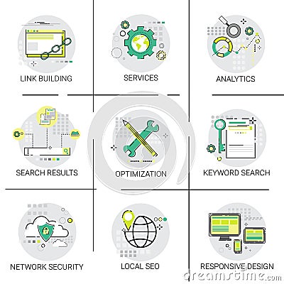 Link Building Seo Keywording Search Network Security Services Icon Set Vector Illustration