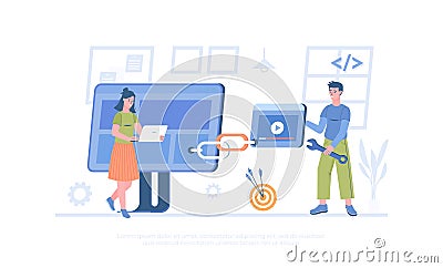 Link Building Strategy. Website marketing, Search engine optimization, SEO. Hyperlink connection between website pages. Vector Illustration