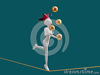 LinkedIn Social Media Female Juggle Ball Walk Rope Balance 3D Illustration Editorial Stock Photo