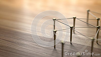 Linking entities. Network, networking, social media, internet communication abstract. Web of gold wires on rustic wood. Stock Photo