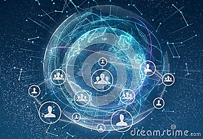 Linking entities. Networking, social media, communication on earth background. Small network connected to a larger Stock Photo