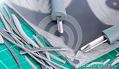 Lino cutting in art class close up. Stock Photo