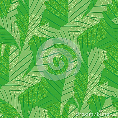 Lino print style rich green stylised vector leaves seamless pattern background. Texture backdrop with overlapping Vector Illustration