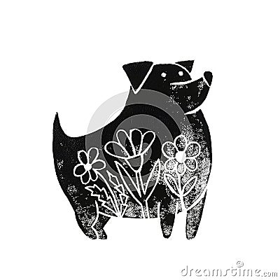 Linocut dog with flowers Stock Photo