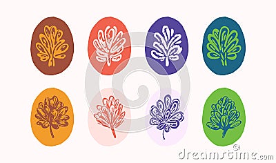 Linocut plant sprig in colorful frame vector motif set. Folkart collection of rural rustic floral in shabby chic scandi Vector Illustration