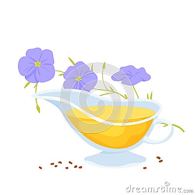 Linseed oil, isolated glass bowl with kitchen fat and food ingredient to cook salad Vector Illustration