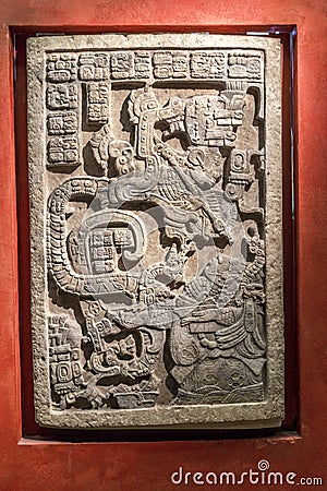 Lintel with Aztec relief carving from Mexico at the British Museum Editorial Stock Photo