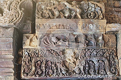 Lintel showing Vishnu reclining on the serpent Ananta Sesha at Ku Phra Kona, Roi Et, Thailand Stock Photo
