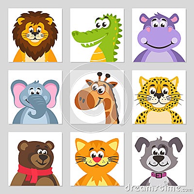 Lion, alligator crocodile, hippopotamus, elephant, giraffe, leopard, bear, cat, dog. Stock Photo