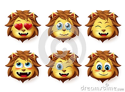 Lion animal emoji vector set. Lions emoticons with funny and inlove facial expressions for design. Vector Illustration
