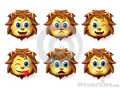 Lion animal emoticon vector set. Lion animals head emoji set with happy and funny face. Vector Illustration