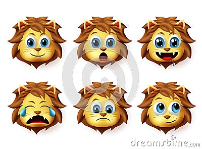 Lion animal emoticon vector set. Lions emoji and emoticon in cute happy facial expression. Vector Illustration