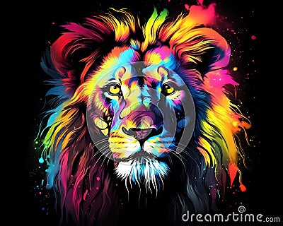 Lion artistic color lines are abstract of a lion black background with watercolor splashes. Cartoon Illustration