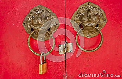 lion bolt Chinese door Stock Photo