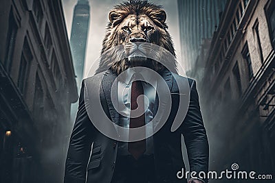 A lion in a business suit walks through the city. Generative ai Stock Photo