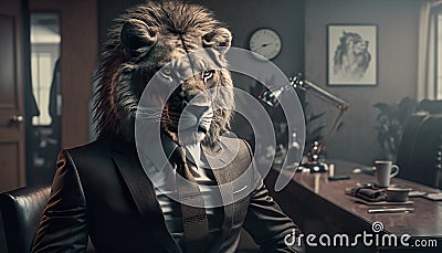 Lion Business worker or lawyer. Metaphor for all powerful boss or lawyer or employer. Stock Photo