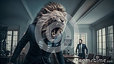 Lion Business worker or lawyer. Metaphor for all powerful boss or lawyer or employer. Stock Photo