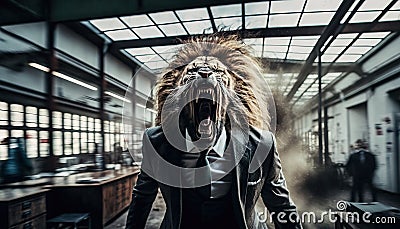 Lion Business worker or lawyer. Metaphor for all powerful boss or lawyer or employer. Stock Photo