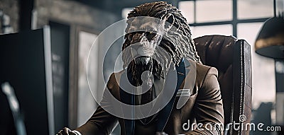 Lion Business worker or lawyer. Metaphor for all powerful boss or lawyer or employer. Stock Photo